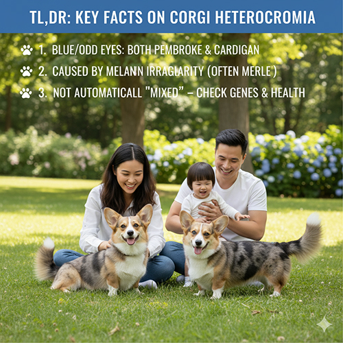 Gia đình vui chơi cùng hai bé Corgi mang đặc điểm heterochromia (mắt xanh và mắt 2 màu) ngoài trời