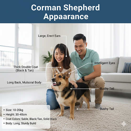 Ngoại hình chó Corgi lai Becgie (Corman Shepherd) – thân hình chắc khỏe, tai dựng, lông dày, dáng lưng dài