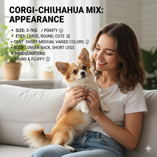 Ngoại hình chó Corgi lai Chihuahua (Chigi) – nhỏ gọn, mắt to tròn, tai dựng hoặc nhọn, mông tròn dễ thương