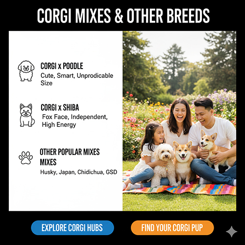 Các giống Corgi lai phổ biến – Corgi lai Poodle, Corgi lai Shiba, và các phối khác như Husky, Nhật, Chihuahua, Becgie