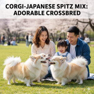 Ảnh đại diện Corgi lai Nhật (Japanese Spitz) – gia đình vui chơi cùng hai bé chó lai đáng yêu dưới hàng hoa anh đào