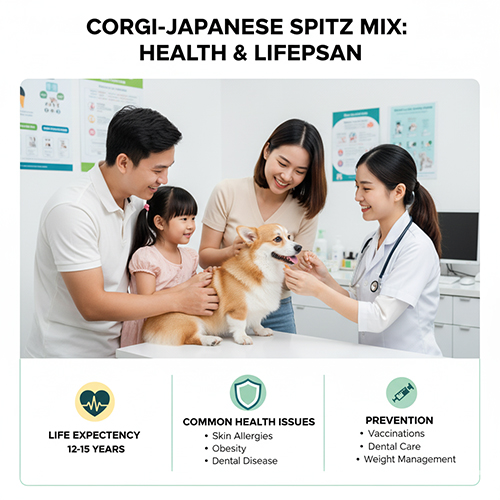 Khám sức khỏe cho chó Corgi lai Nhật Spitz – tuổi thọ trung bình 12–15 năm, dễ mắc viêm da, béo phì và bệnh răng miệng