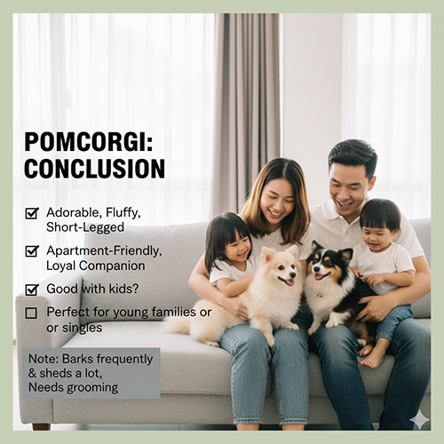 Kết luận về chó Corgi lai Phốc sóc (PomCorgi) – nhỏ nhắn, lông xù, thân thiện, hợp căn hộ nhưng cần grooming thường xuyên