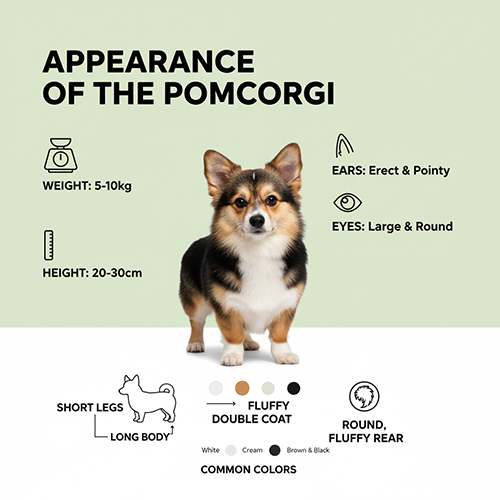 Ngoại hình chó Corgi lai Phốc sóc (PomCorgi) – nhỏ gọn, chân ngắn, lông xù hai lớp, mông tròn đáng yêu