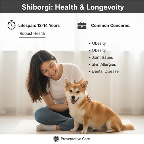 Sức khỏe và tuổi thọ chó Corgi lai Shiba (Shiborgi) – sống 12–14 năm, dễ béo phì và bệnh khớp