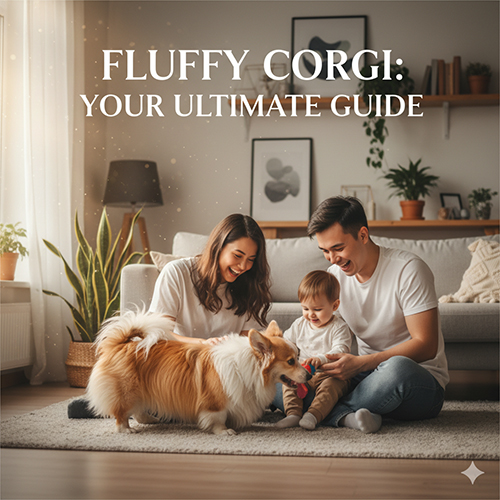 Gia đình vui đùa cùng chú Corgi lông dài Fluffy trong phòng khách, minh họa biến thể hiếm của giống Corgi.