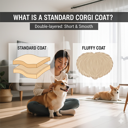 Minh họa sự khác biệt giữa lông ngắn Standard ôm sát và lông dài Fluffy ở Corgi, với cấu trúc hai lớp: lông phủ và lớp lót.