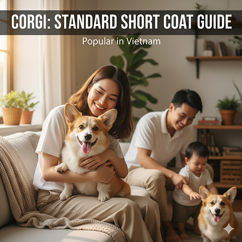 Gia đình vui đùa cùng hai chú Corgi lông ngắn Standard trong phòng khách, minh họa giống phổ biến tại Việt Nam.