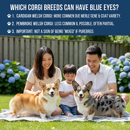 Gia đình ngồi chơi cùng hai bé Corgi, một bé có mắt xanh đặc biệt ngoài trời