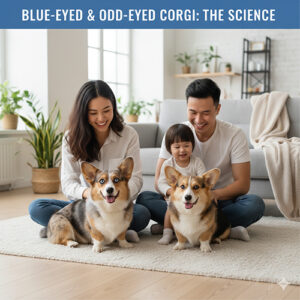 Corgi mắt xanh và Corgi 2 màu mắt ngồi cùng gia đình trong phòng khách sáng sủa