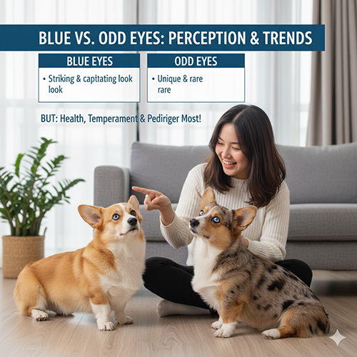 Bé Corgi mắt xanh và bé Corgi odd eyes ngồi đối diện cô chủ trong phòng khách