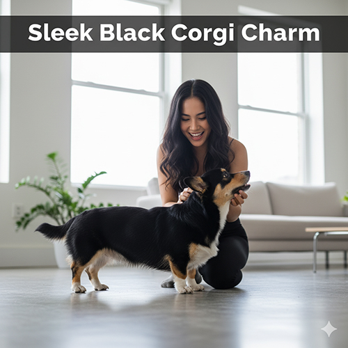 Corgi màu đen (black & tan) nổi bật trong phòng khách, được cô chủ vuốt ve – biểu tượng khỏe khoắn và cá tính.