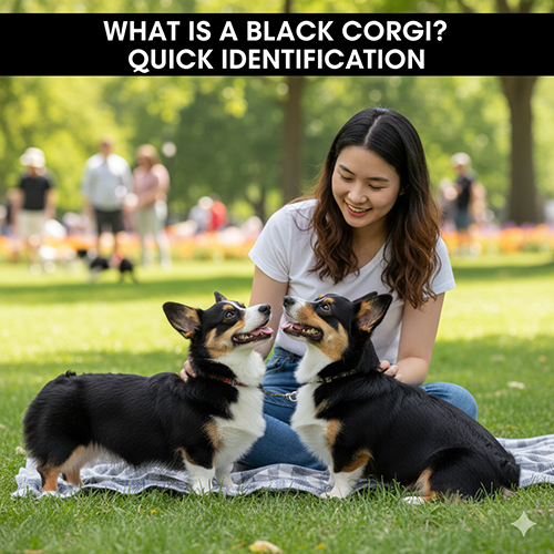 Hai chú chó Corgi màu đen & black and tan đang chơi cùng cô chủ ngoài công viên