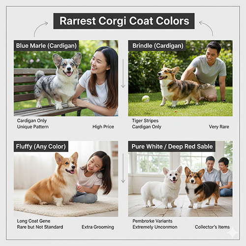 Bộ sưu tập các màu Corgi hiếm: Blue Merle Cardigan, Brindle Cardigan, Fluffy, Pure White và Deep Red Sable.