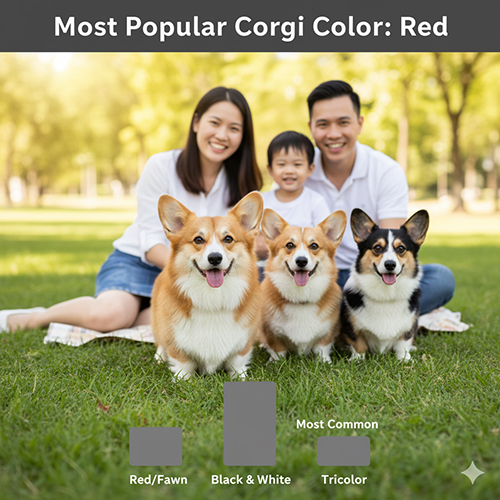Gia đình chụp ảnh cùng ba chú Corgi với màu red, vàng trắng và tricolor – minh họa màu phổ biến nhất.