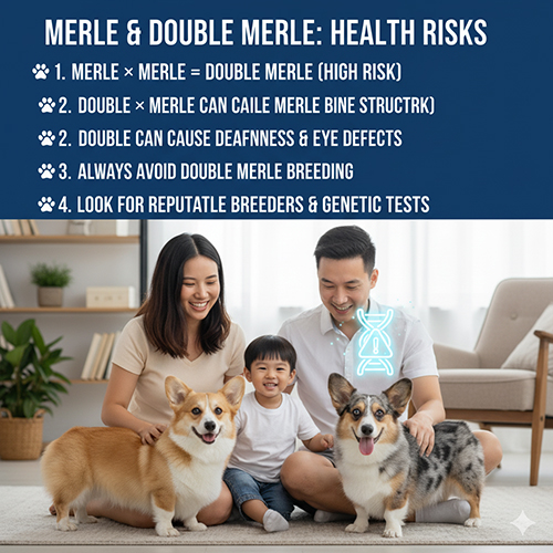 Gia đình bên hai bé Corgi, trong đó một bé có hoa văn merle và mắt xanh đặc biệt