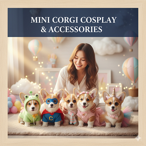 Năm chú Corgi mini mặc đồ cosplay ếch, siêu nhân, váy công chúa, và unicorn, cùng cô gái mỉm cười.