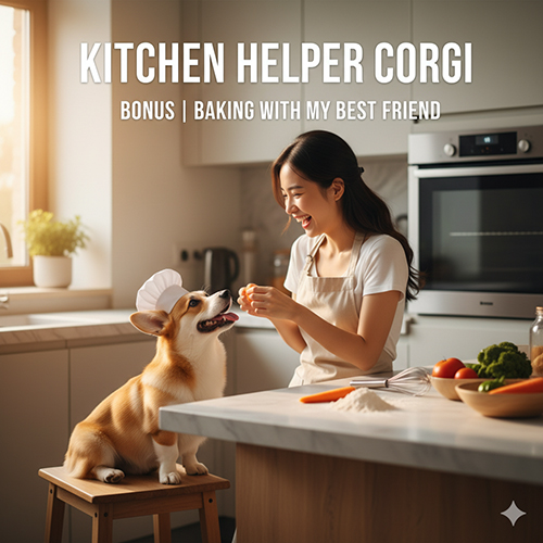Corgi mini đội mũ đầu bếp cùng cô gái vui vẻ chuẩn bị làm bánh trong bếp.