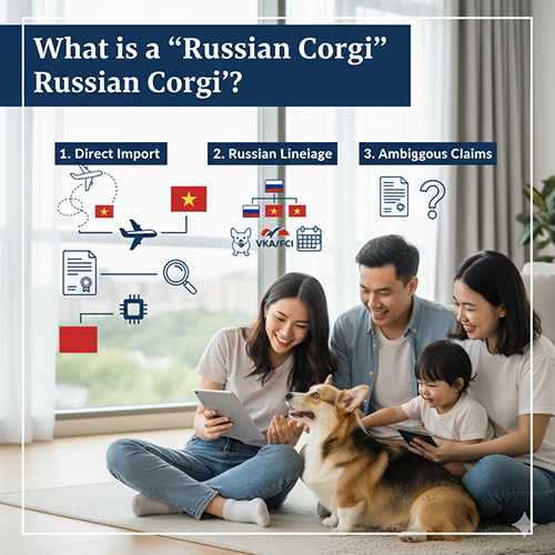 Gia đình xem tài liệu và chú Corgi bên cạnh, minh họa các tình huống “Corgi nhập Nga” và phả hệ Nga
