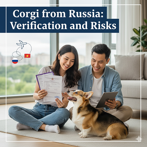 Cặp đôi kiểm tra giấy tờ nhập khẩu chó Corgi từ Nga trong phòng khách, bên cạnh chú Corgi