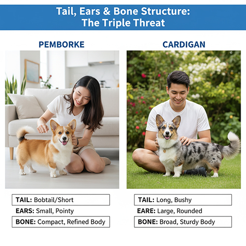 So sánh Corgi Pembroke bobtail và Corgi Cardigan đuôi dài qua đặc điểm đuôi, tai và khung xương.