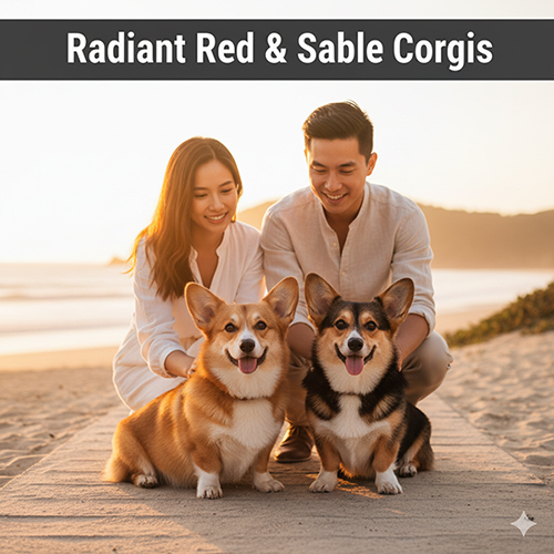 Cặp đôi trẻ dắt hai chú Corgi màu Red và Sable trên bãi biển lúc hoàng hôn – ánh sáng làm nổi bật bộ lông.