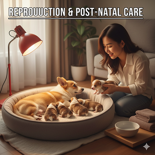 Corgi mẹ nằm trong ổ cùng đàn con sơ sinh, được chủ chăm sóc sau khi sinh