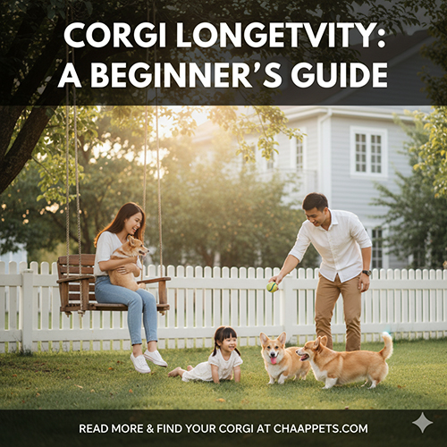 Gia đình hạnh phúc vui chơi cùng chó Corgi trong sân vườn, minh họa tuổi thọ trung bình