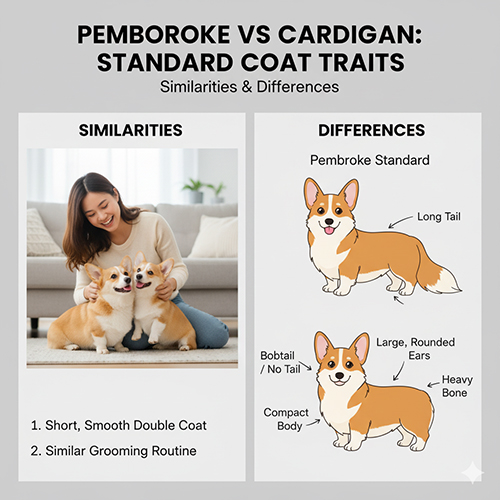 So sánh Corgi Standard ở Pembroke và Cardigan – giống nhau ở lông ngắn hai lớp, khác nhau ở đuôi, tai, xương và thần thái.