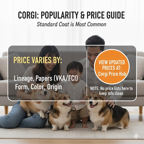Hướng dẫn giá và độ phổ biến của Corgi lông ngắn Standard – yếu tố ảnh hưởng gồm dòng Pembroke/Cardigan, giấy VKA/FCI, form, màu và xuất xứ.