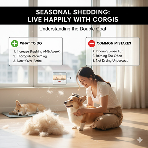 Chủ nhân chải lông cho Corgi Standard trong mùa thay lông, minh họa cách chăm sóc đúng và sai khi xử lý lông rụng.