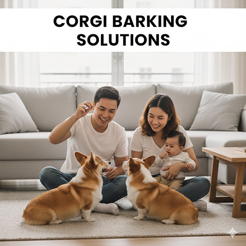 Gia đình huấn luyện hai chú Corgi trong phòng khách để hạn chế tiếng sủa nhiều