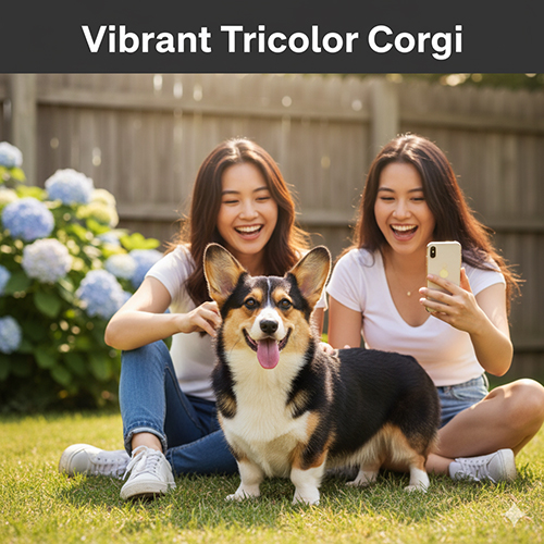 Corgi Tricolor với bộ lông đen – trắng – nâu cháy nổi bật, được hai cô gái trẻ chụp ảnh ngoài vườn.