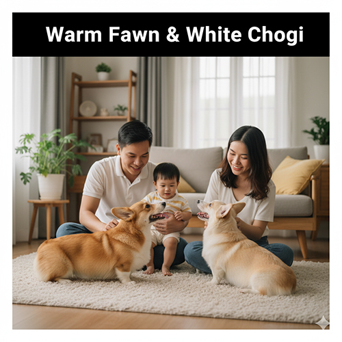 Gia đình vui đùa cùng hai chú Corgi màu vàng và vàng trắng trong phòng khách ấm áp.