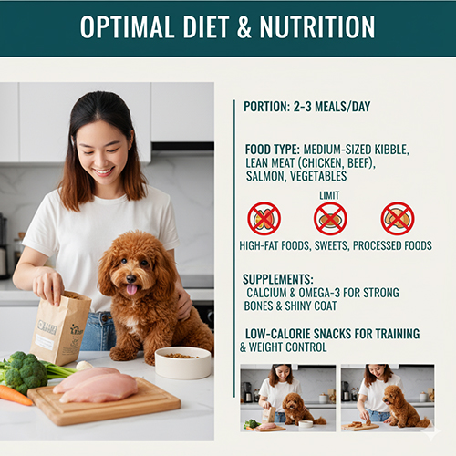 Corgidoodle với chế độ ăn cân bằng gồm hạt, thịt nạc, cá hồi, rau củ và bổ sung canxi, omega-3