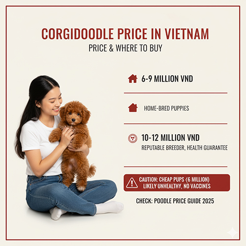 Cô gái bế chú chó Corgidoodle – bảng giá Poodle lai Corgi tại Việt Nam từ 6–12 triệu đồng