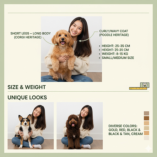 Corgidoodle – chó lai Poodle và Corgi với chân ngắn, lông xoăn gợn sóng và màu sắc đa dạng