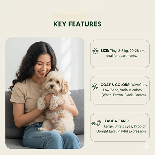 Đặc điểm Chipoo (Poodle lai Chihuahua): kích thước 2–5 kg, cao 20–28 cm, lông xoăn ít rụng nhiều màu sắc, mắt to sáng, tai dựng hoặc rủ
