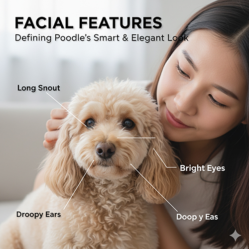 Đặc điểm khuôn mặt chó Poodle: mõm dài, mắt sáng, tai rủ đặc trưng