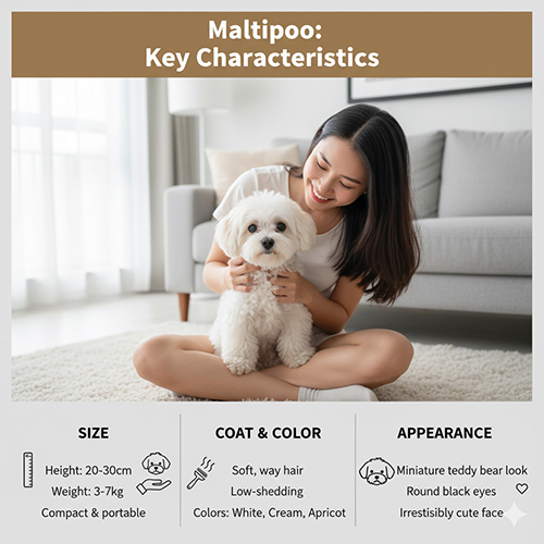 Đặc điểm Maltipoo – Poodle lai Maltese: nhỏ gọn, lông xoăn mềm mại, ít rụng, gương mặt đáng yêu như gấu bông