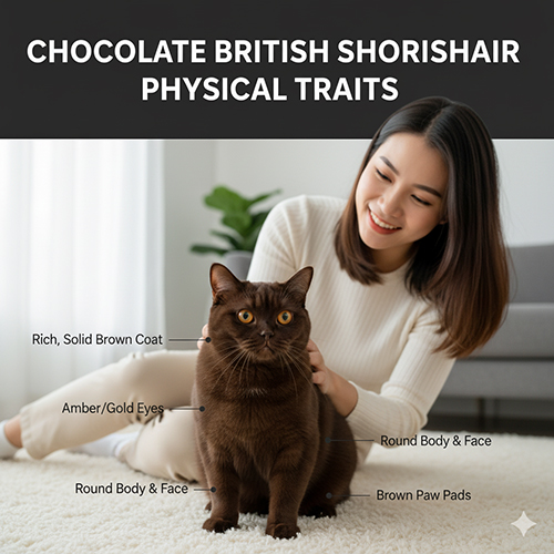 Đặc điểm mèo Anh lông ngắn Chocolate với bộ lông nâu socola đồng nhất, mắt vàng hổ phách và thân hình tròn chắc khỏe