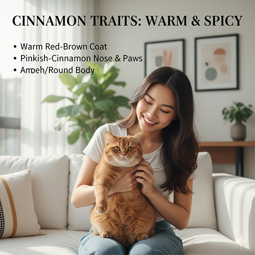 Đặc điểm mèo Anh lông ngắn Cinnamon với bộ lông nâu đỏ ấm áp, mũi và đệm chân hồng nâu, thân tròn bánh bao