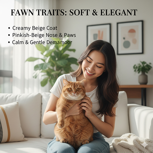 Đặc điểm mèo Anh lông ngắn Fawn với bộ lông nâu be nhạt, mũi và đệm chân hồng be, ngoại hình tròn trịa thanh lịch