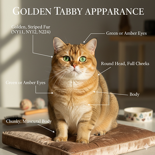 Mèo Anh lông ngắn Golden Tabby với bộ lông vàng óng ánh, hoa văn tabby rõ nét và đôi mắt xanh lục nổi bật