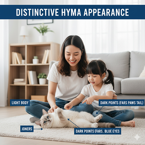 Đặc điểm ngoại hình mèo Anh lông ngắn Hyma với thân sáng và điểm tối rõ rệt