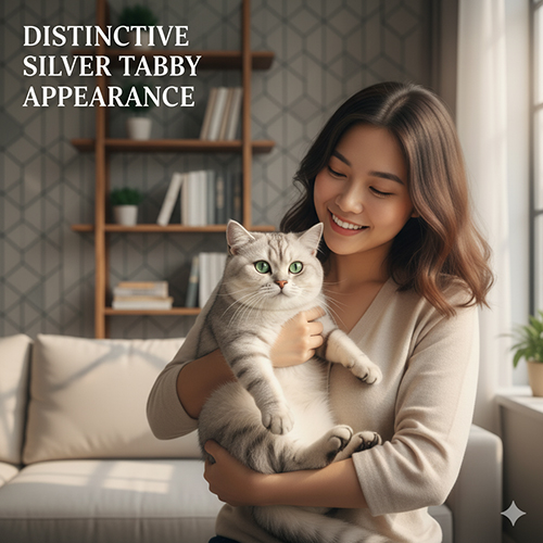 Đặc điểm ngoại hình mèo Anh lông ngắn silver tabby với bộ lông bạc ánh kim và hoa văn vằn đen rõ nét