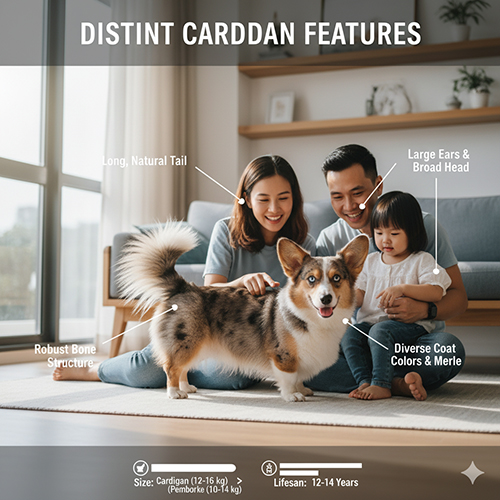 Đặc điểm Cardigan Welsh Corgi: chó đuôi dài, xương chắc, tai lớn, lông nhiều màu sắc và có thể merle