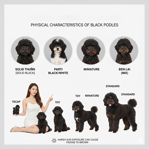 Đặc điểm ngoại hình chó Poodle đen – solid, parti, lai