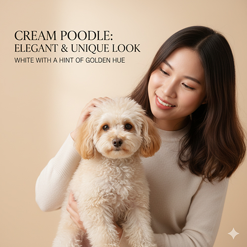 Đặc điểm ngoại hình chó Poodle kem – lông trắng pha vàng nhạt, ánh vàng ở tai hoặc đuôi, thanh lịch và tinh tế