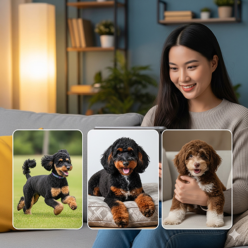 Đặc điểm ngoại hình chó Poodle Phantom – lông hai màu đối xứng, nền đen/xám/nâu và điểm vàng/đỏ/kem